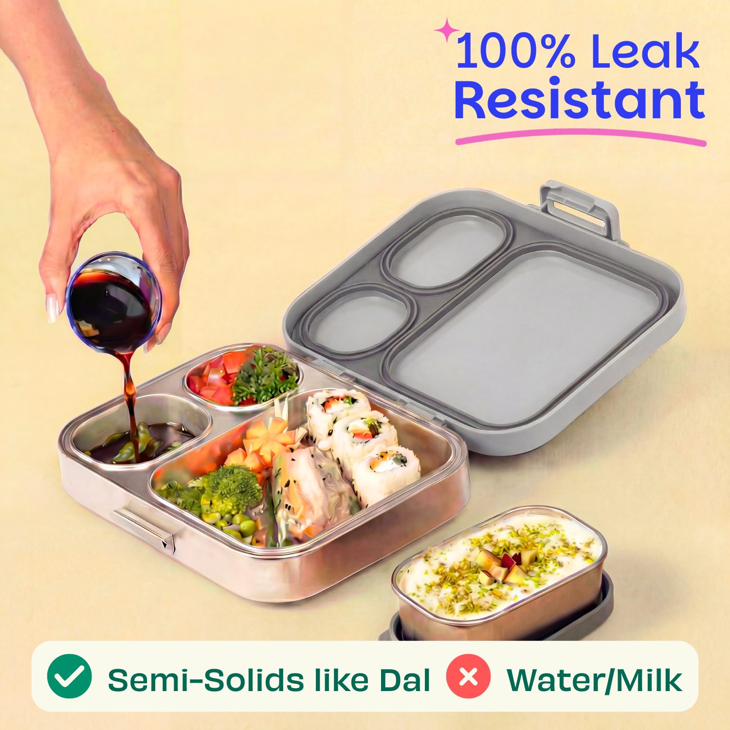 4 Compartment Stainless steel Lunchbox with Mini Box - Classic Grey