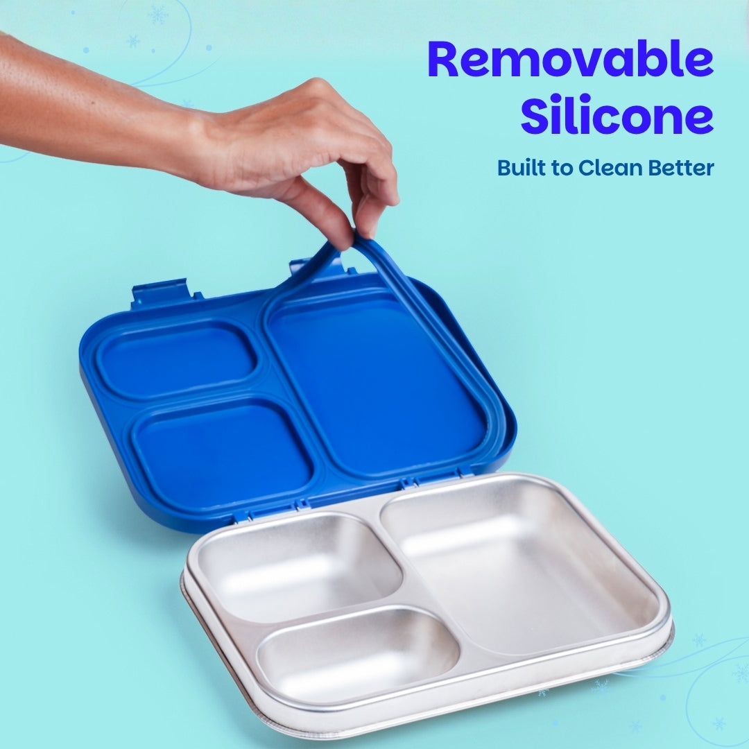 3 Compartment Stainless Steel Lunchbox with Plastic Lid - Winter Whirl