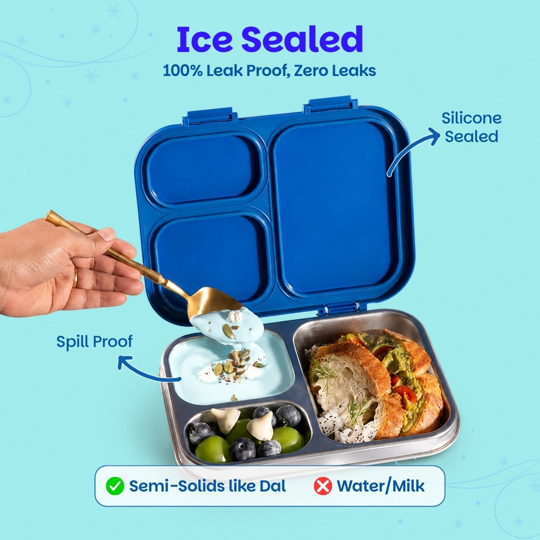 3 Compartment Stainless Steel Lunchbox with Plastic Lid - Winter Whirl