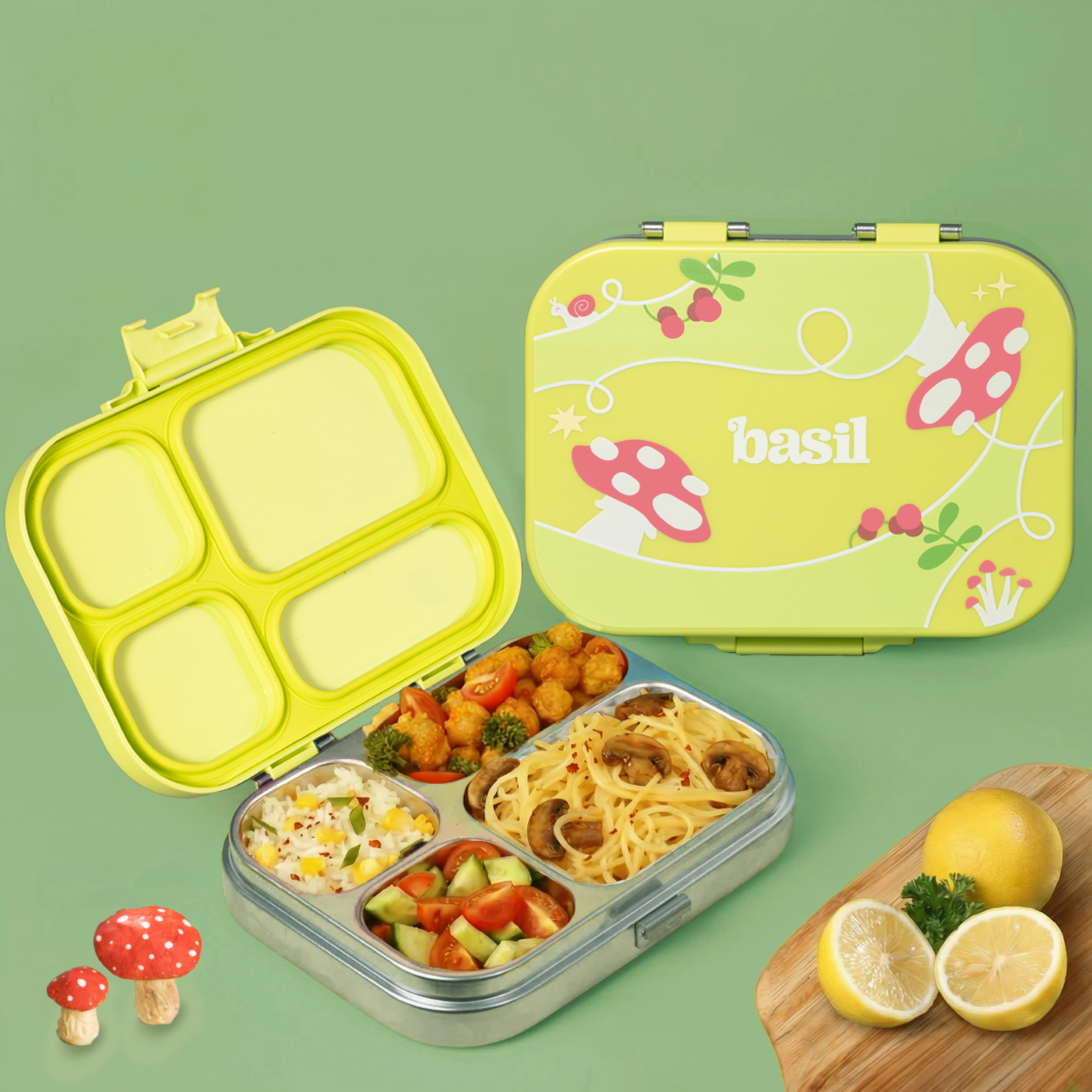 4 Compartment Stainless steel Lunchbox with Plastic lid - Mushroom Trail