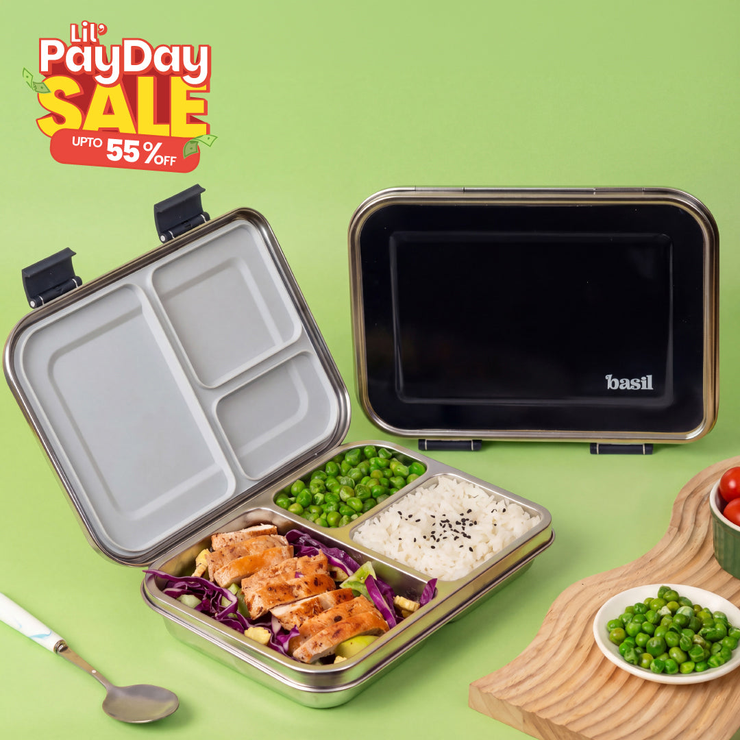 3 Compartment easy open-close Lunchbox - Black
