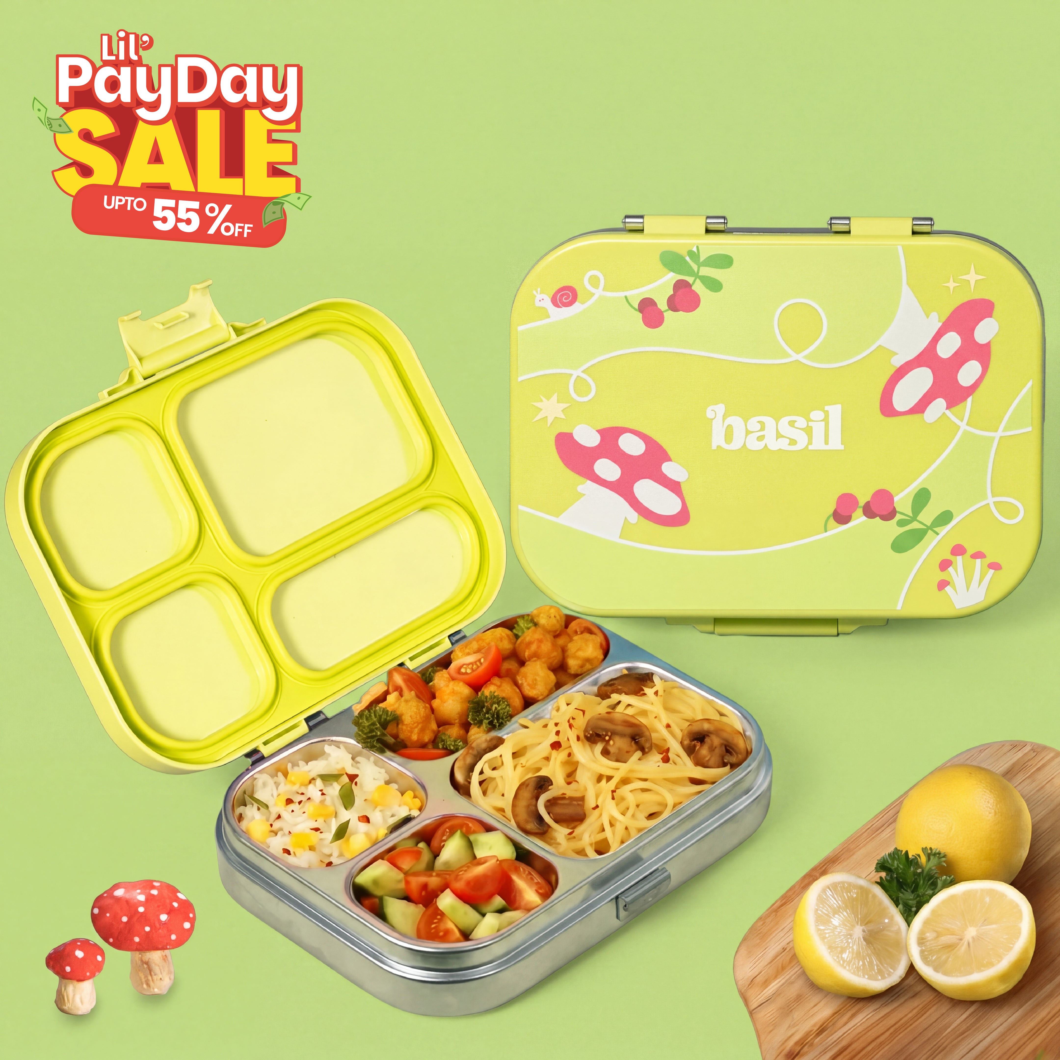 4 Compartment Stainless steel Lunchbox with Plastic lid - Mushroom Trail
