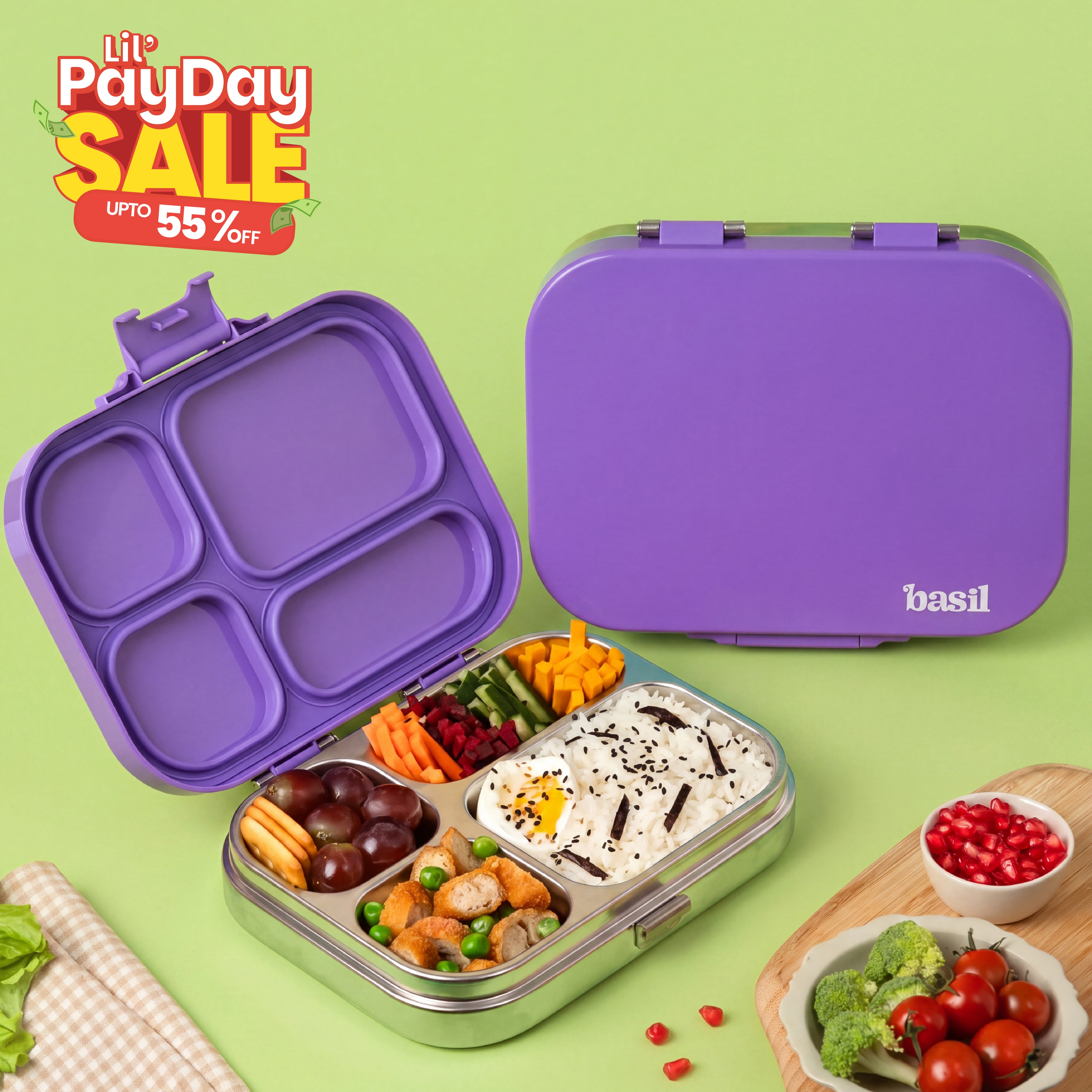 4 Compartment Stainless steel Lunchbox with Plastic lid - Purple Pop