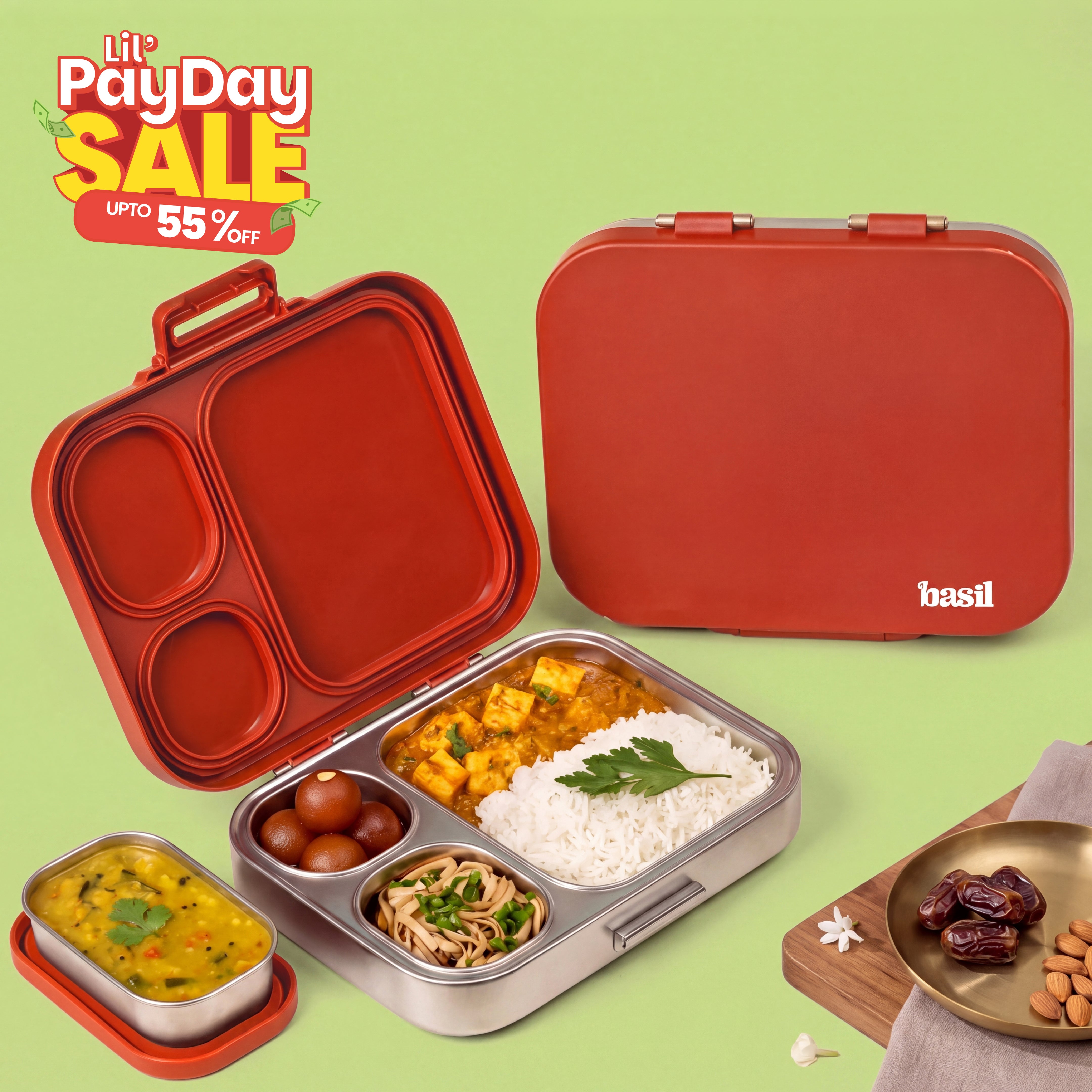 3+1 Compartment Stainless steel Lunchbox with Mini Box - Desi Mitti