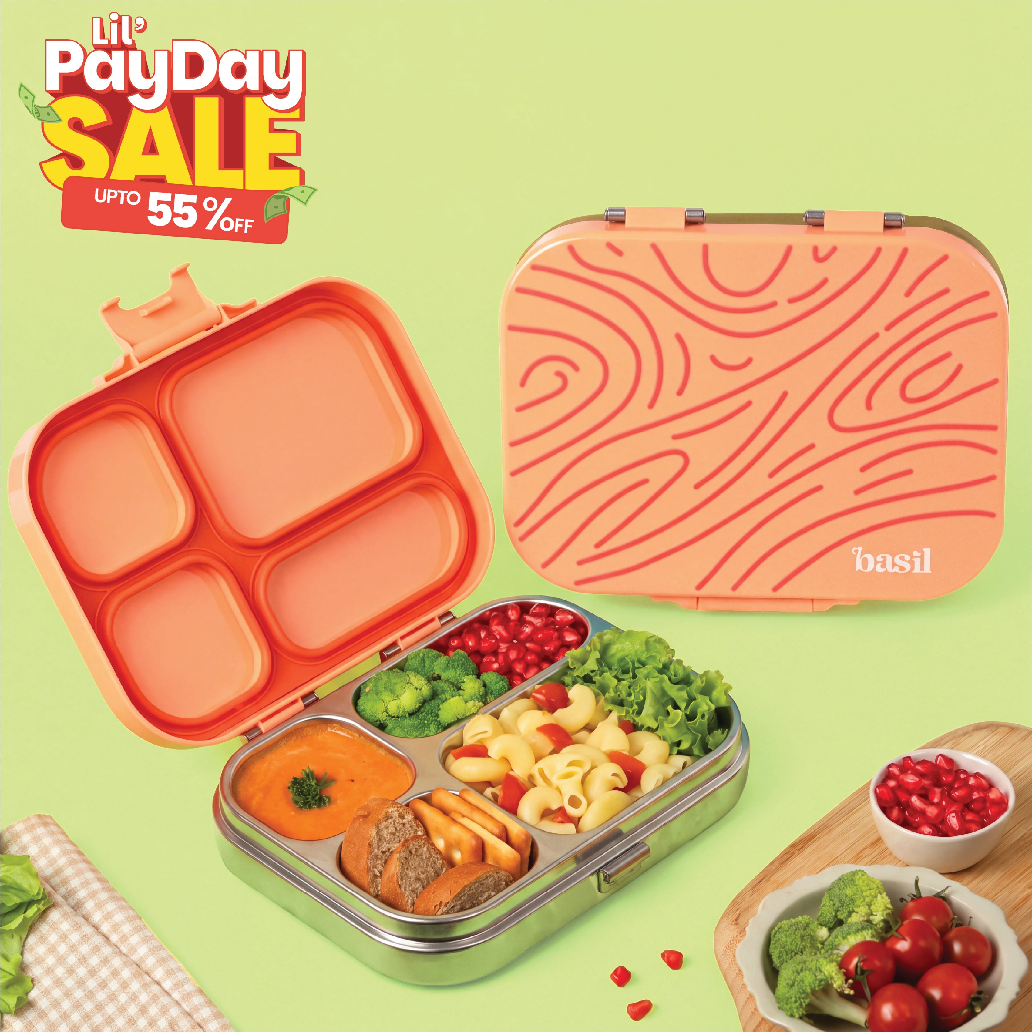 4 Compartment Stainless steel Lunchbox with Plastic lid - Coral Swirl