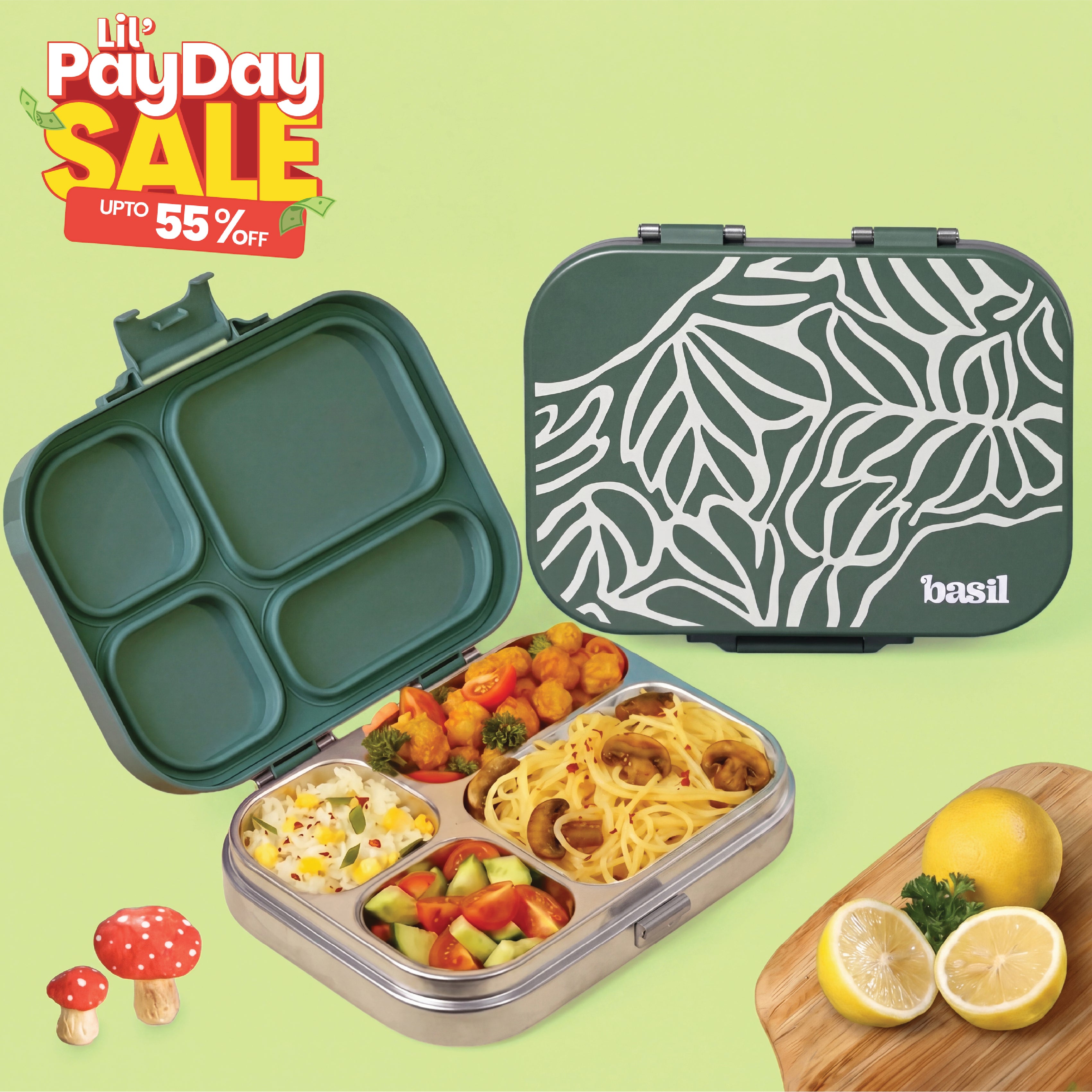 4 Compartment Stainless steel Lunchbox with Plastic lid - Emerald Moss