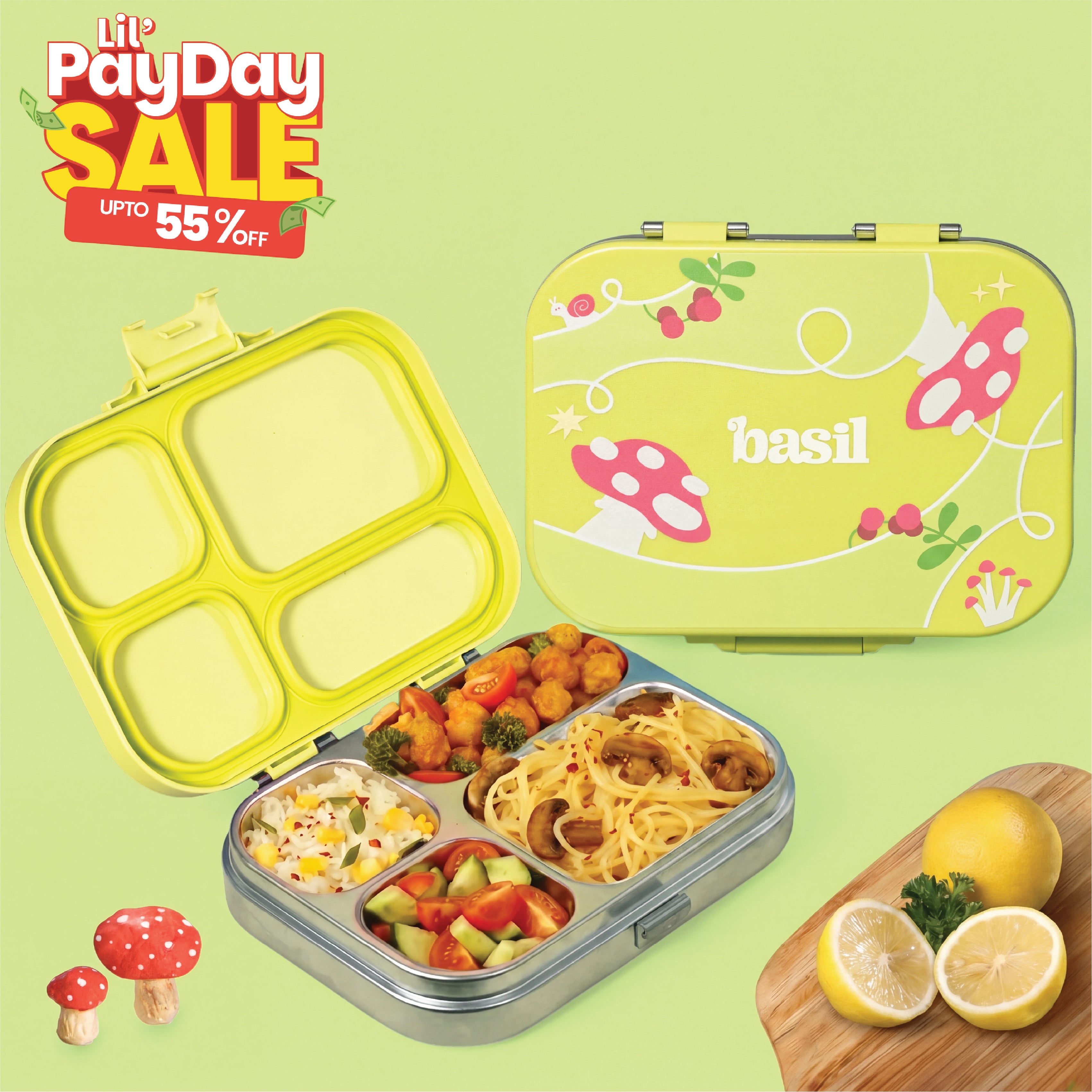 4 Compartment Stainless steel Lunchbox with Plastic lid - Mushroom Trail