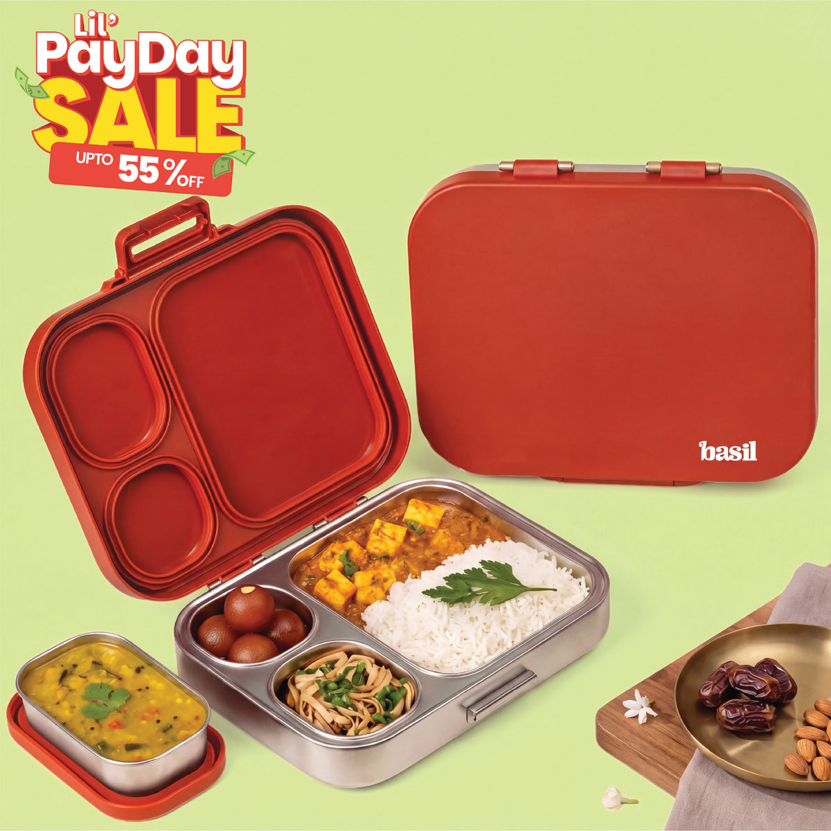 3+1 Compartment Stainless steel Lunchbox with Mini Box - Desi Mitti