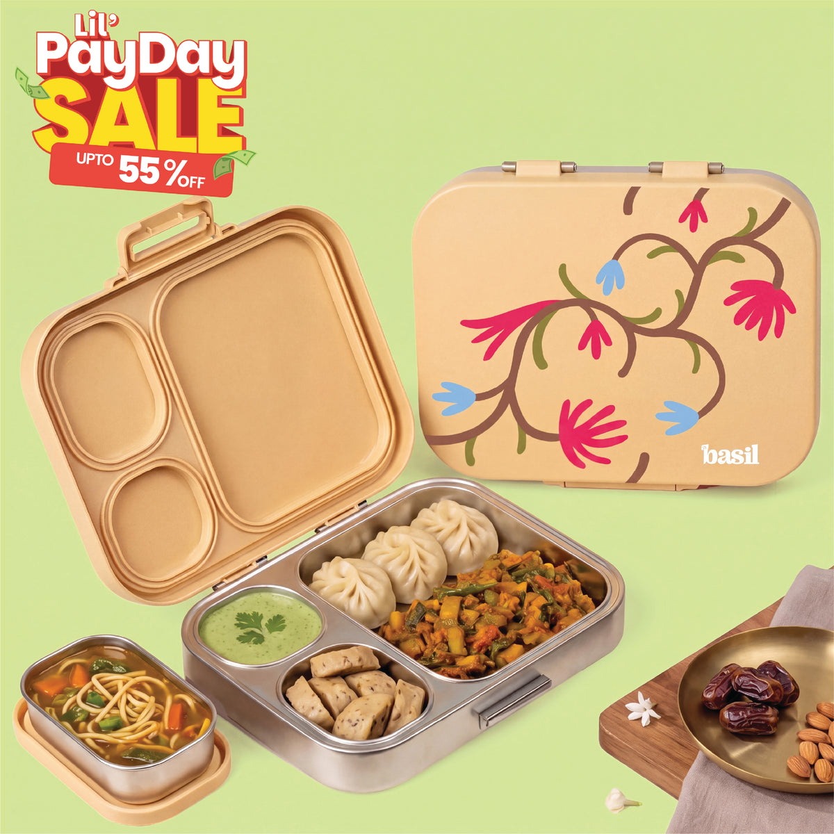 3+1 Compartment Stainless steel Lunchbox with Mini Box - Himachali Guldaan