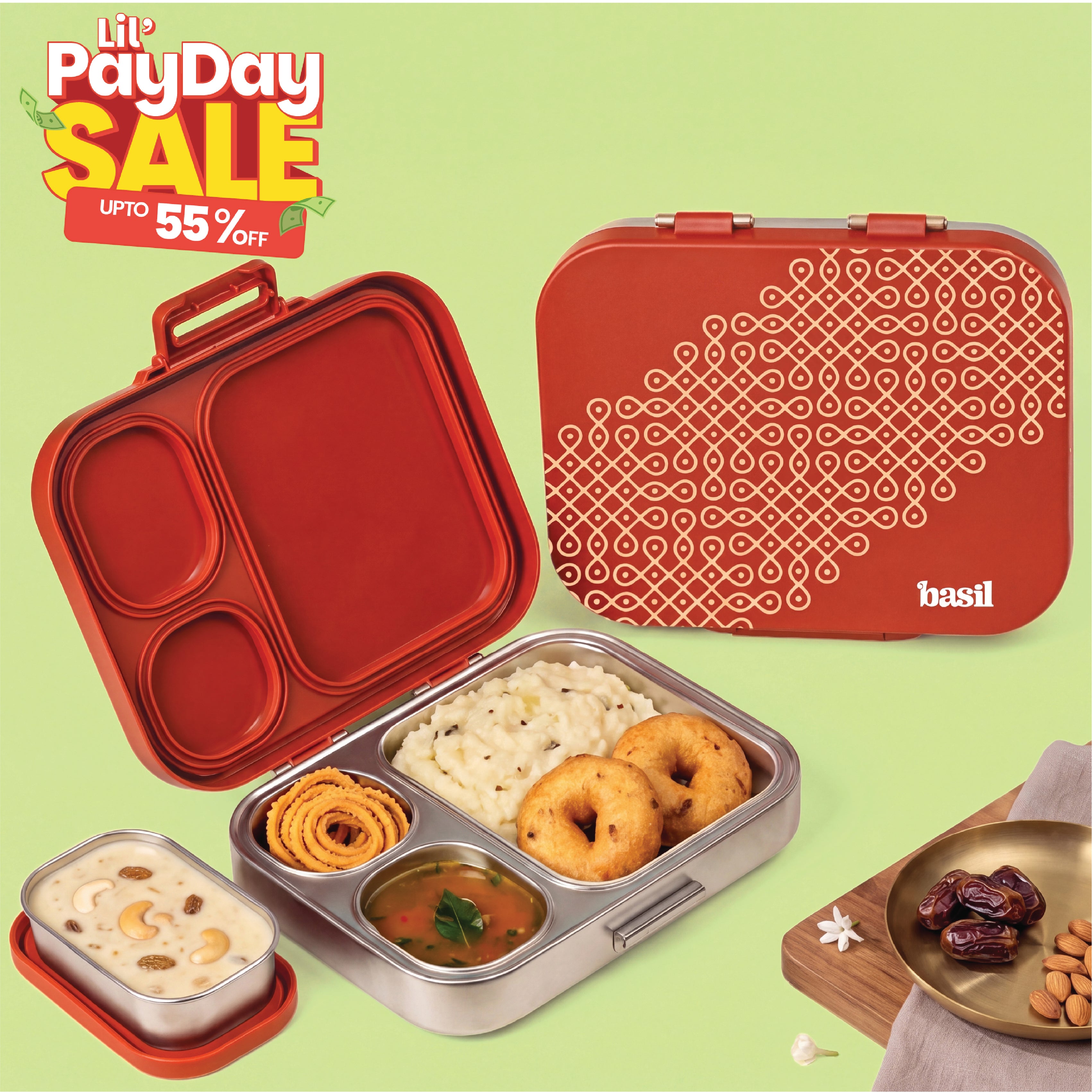 3+1 Compartment Stainless steel Lunchbox with Mini Box - Tanjore Kolam