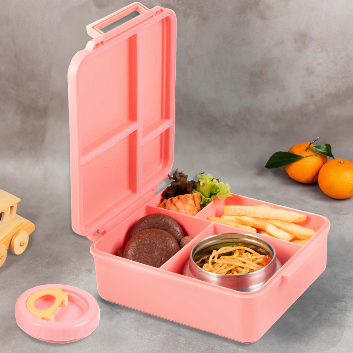 4 Compartment Bento box with Insulated jar - Pink