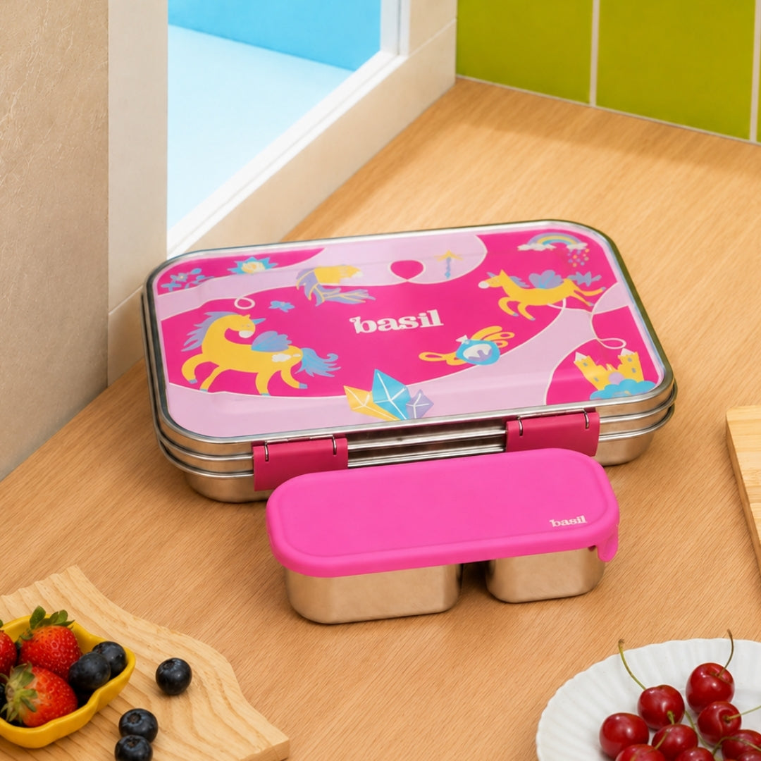 2 Compartment Stainless Steel Pickle Dip with Silicone Lid - Pink