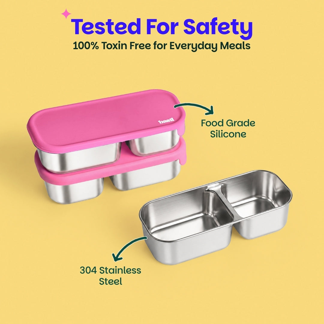 2 Compartment Stainless Steel Pickle Dip with Silicone Lid - Pink