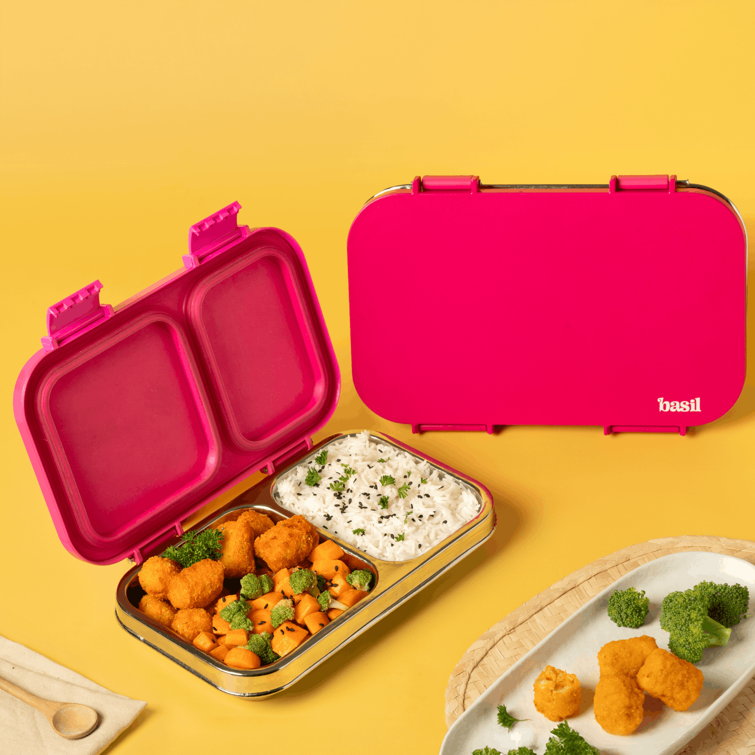 2 Compartment Stainless steel Lunchbox with Plastic Lid - Pink Classic