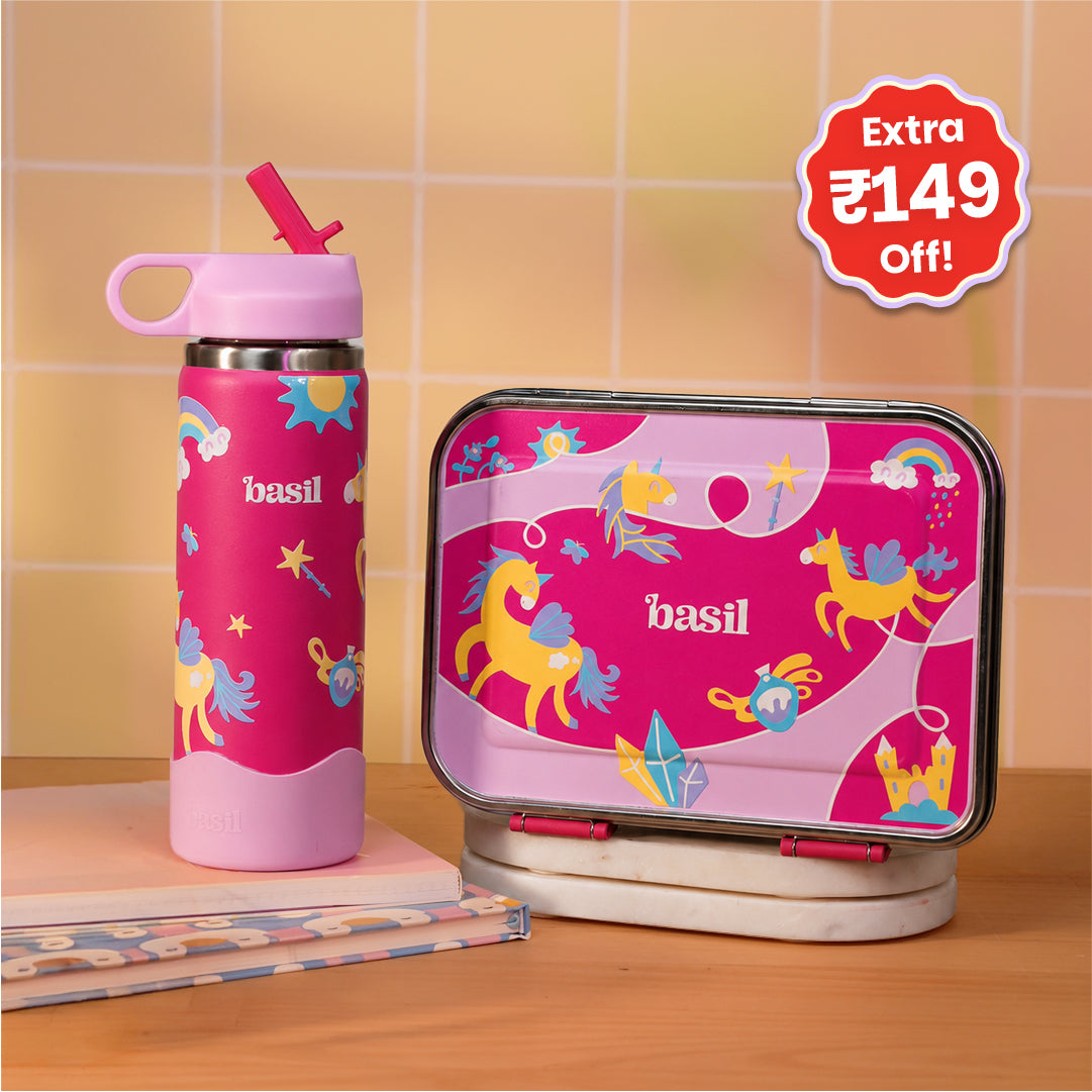 School Combo- Set of Water Bottle and Lunch Box Pixie Dash