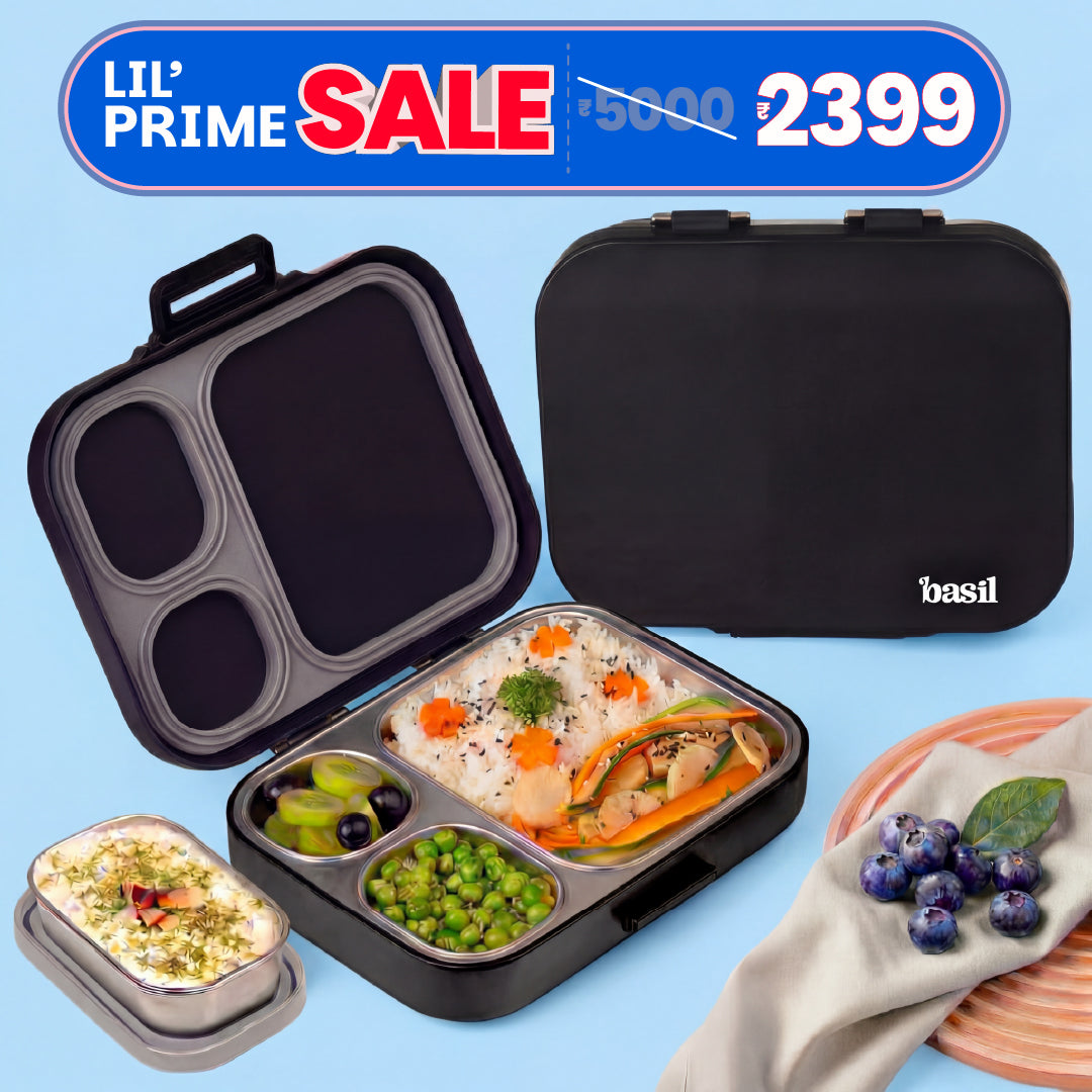 3+1 Compartment Stainless steel Lunchbox with Mini Box - Classic Black