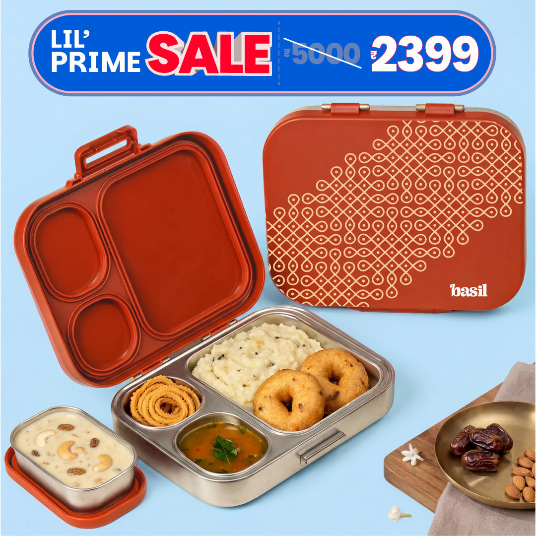 3+1 Compartment Stainless steel Lunchbox with Mini Box - Tanjore Kolam