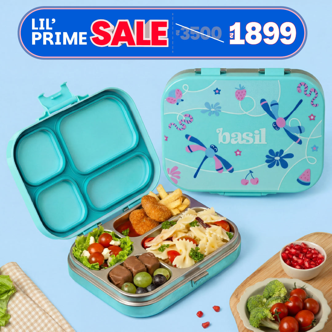 4 Compartment Stainless steel Lunchbox with Plastic lid - Teal Garden