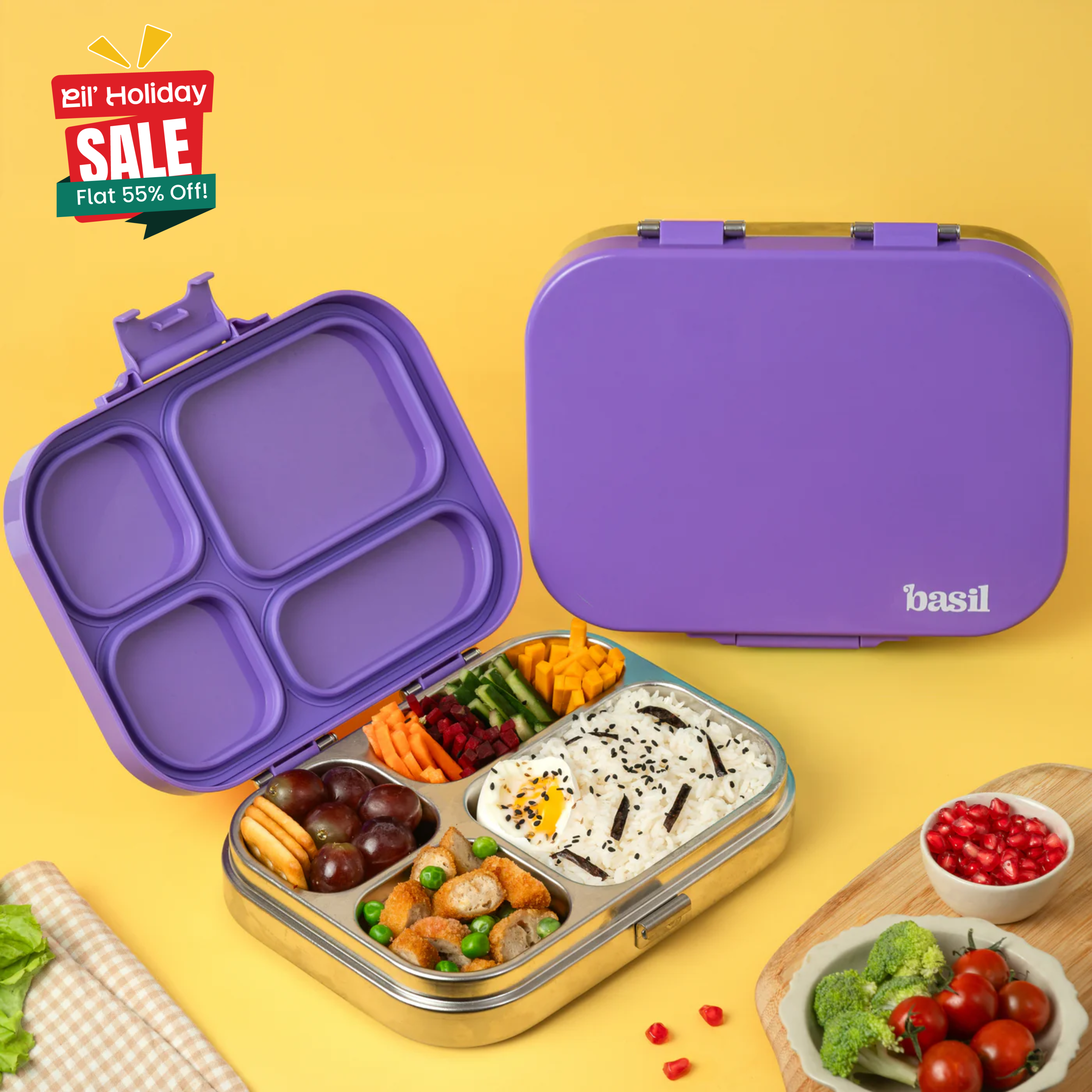 4 Compartment Stainless steel Lunchbox with Plastic lid - Purple Pop
