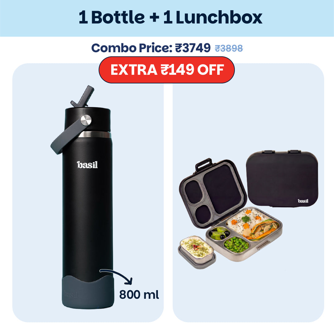 School Combo- Set of Water Bottle and Lunch Box Black