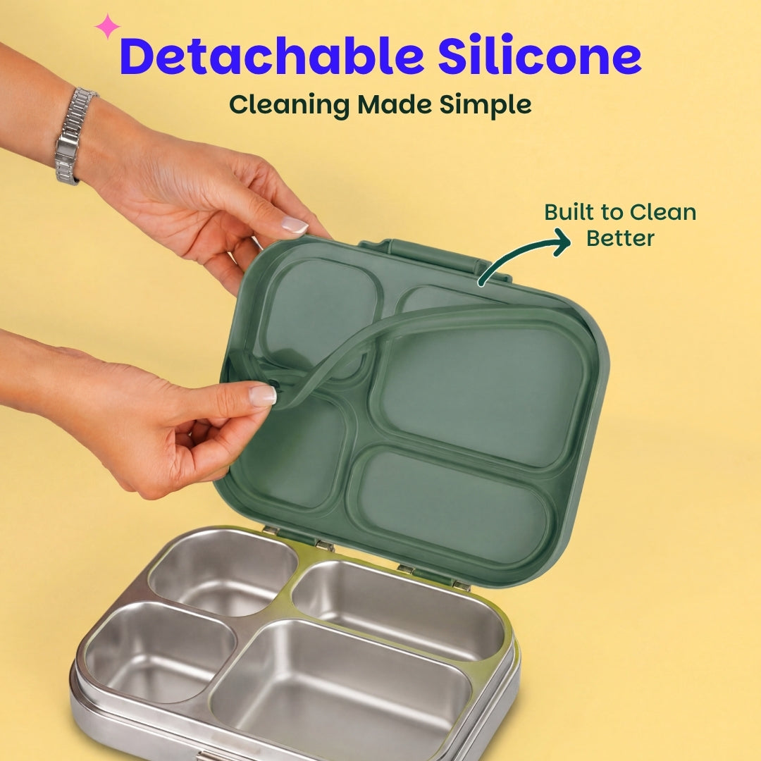 4 Compartment Stainless steel Lunchbox with Plastic lid - Emerald Moss