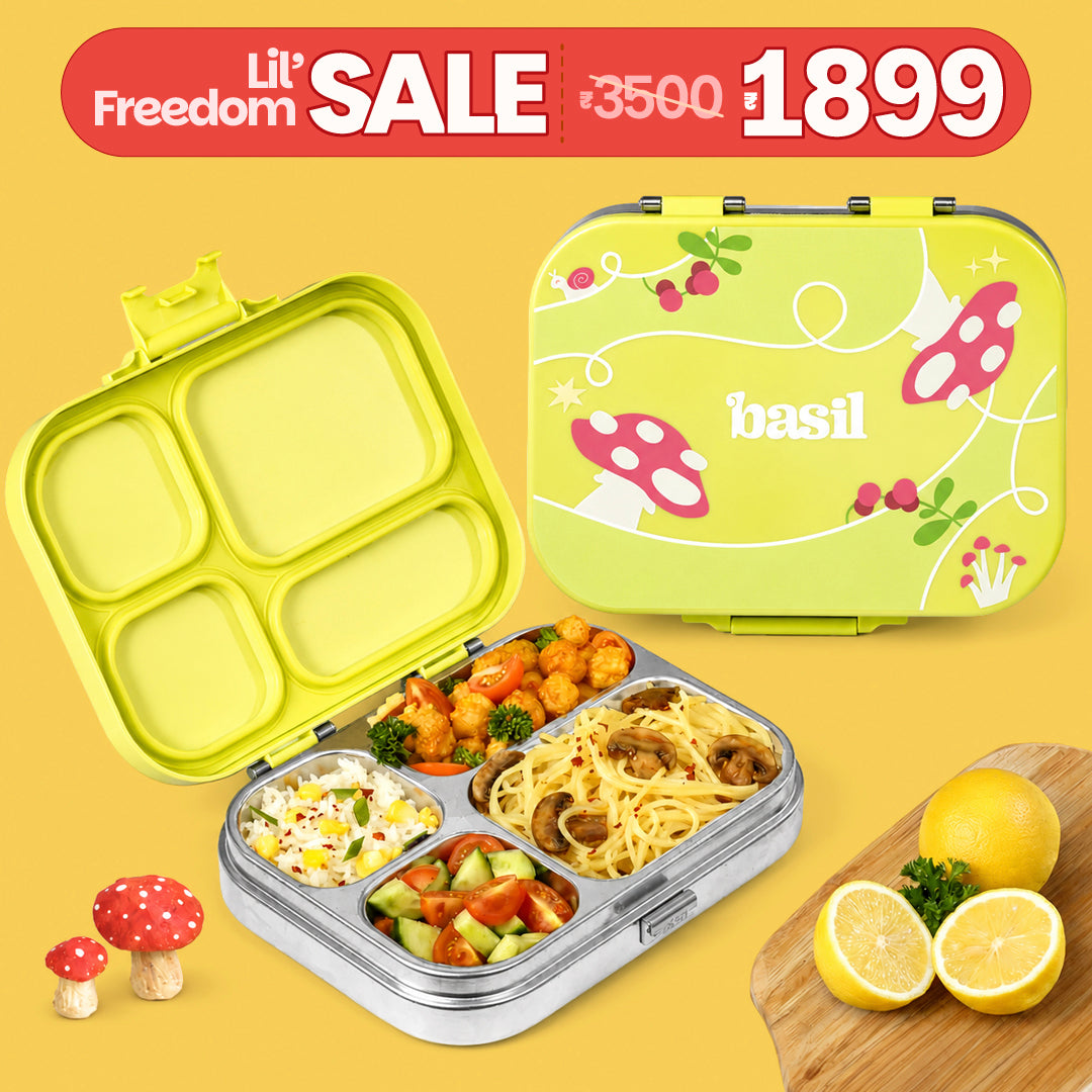 4 Compartment Stainless steel Lunchbox with Plastic lid - Mushroom Trail