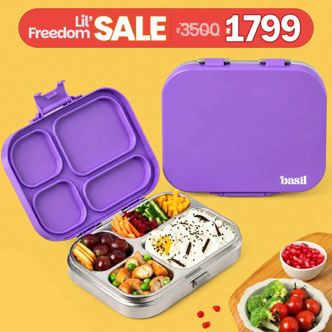 4 Compartment Stainless steel Lunchbox with Plastic lid - Purple Pop