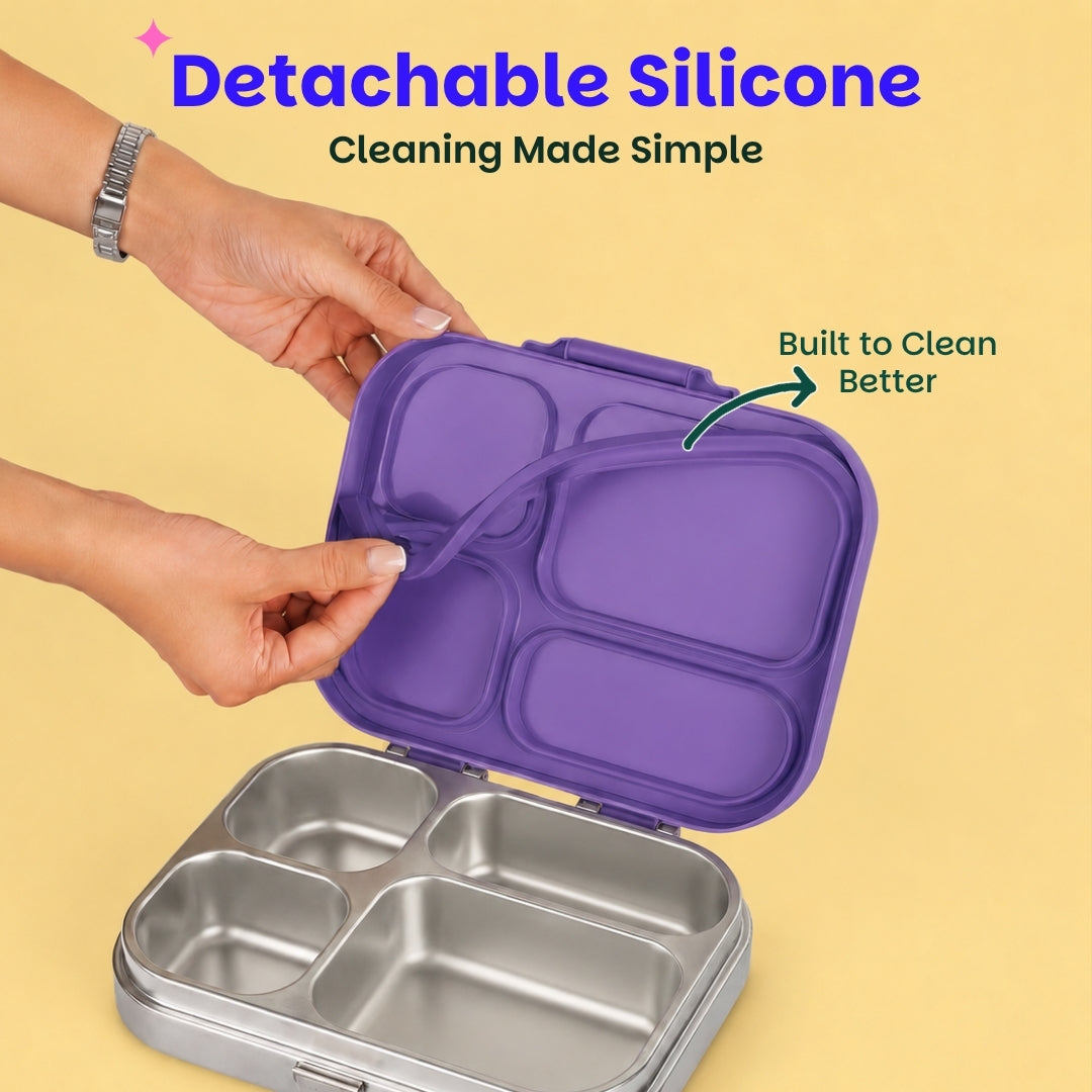 4 Compartment Stainless steel Lunchbox with Plastic lid - Purple Pop