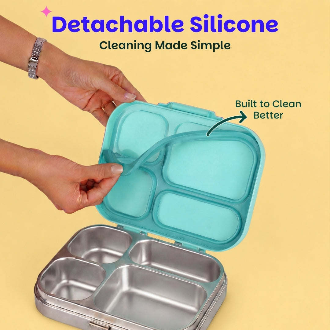 4 Compartment Stainless steel Lunchbox with Plastic lid - Teal Garden