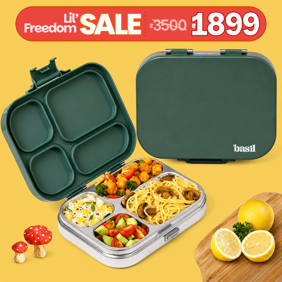 4 Compartment Stainless steel Lunchbox with Plastic lid - Wild Wood