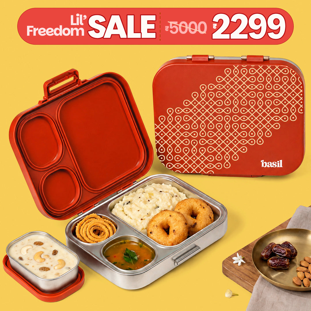 3+1 Compartment Stainless steel Lunchbox with Mini Box - Tanjore Kolam