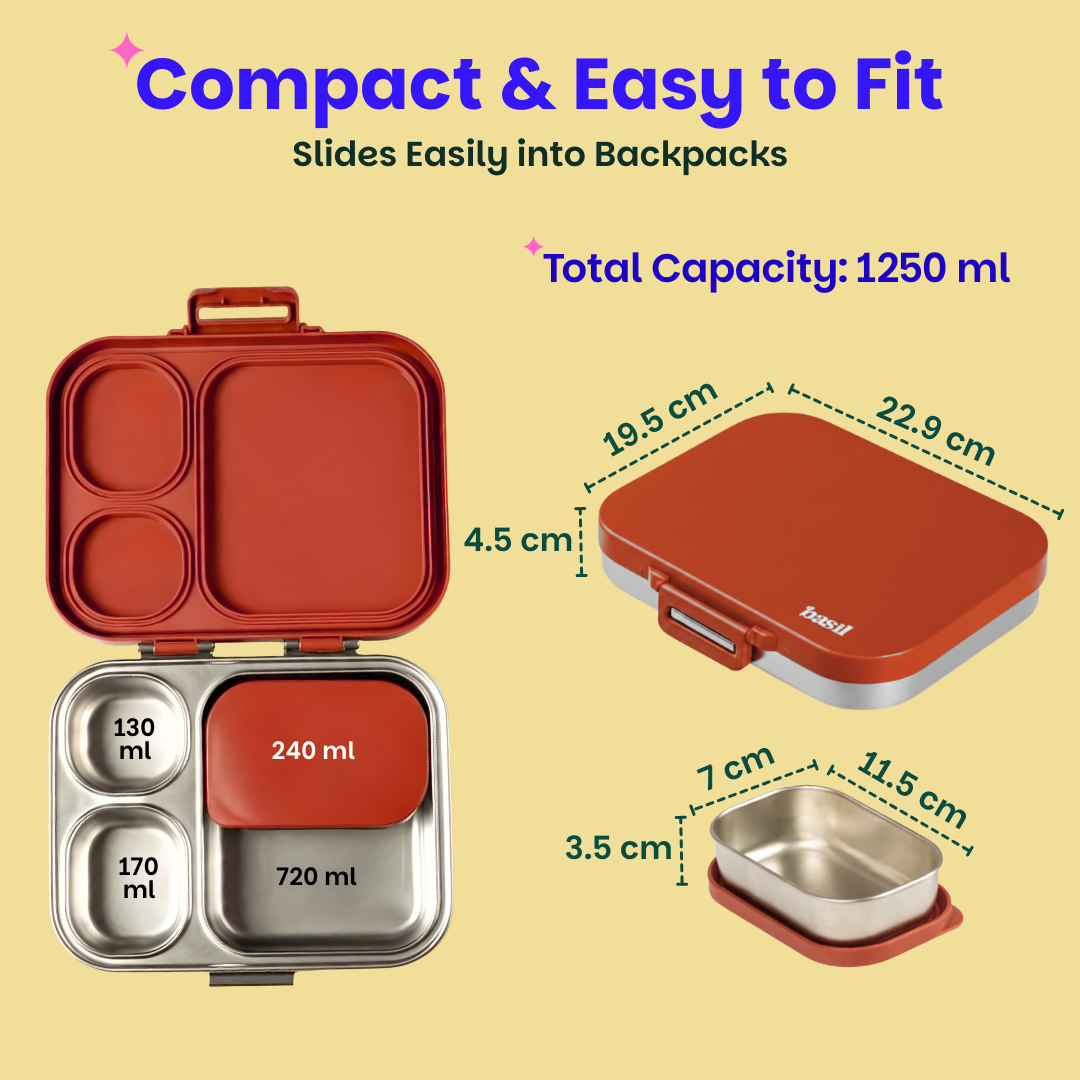 3+1 Compartment Stainless steel Lunchbox with Mini Box - Desi Mitti