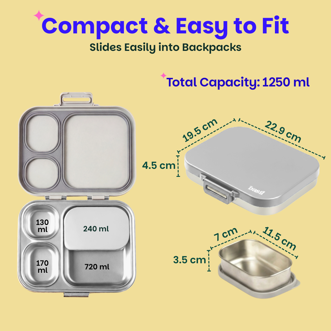 3+1 Compartment Stainless steel Lunchbox with Mini Box - Classic Grey