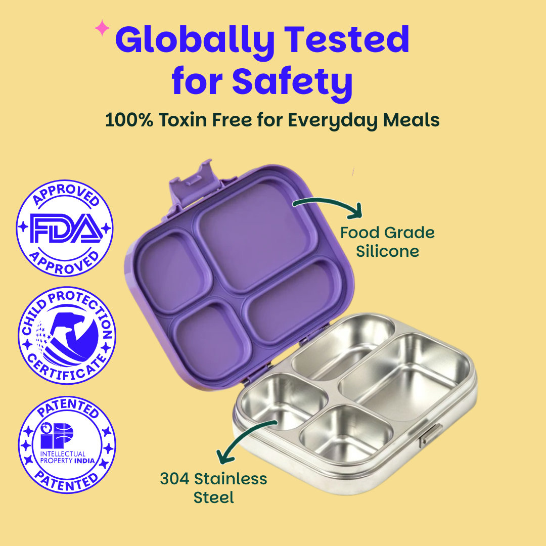 4 Compartment Stainless steel Lunchbox with Plastic lid - Purple Pop