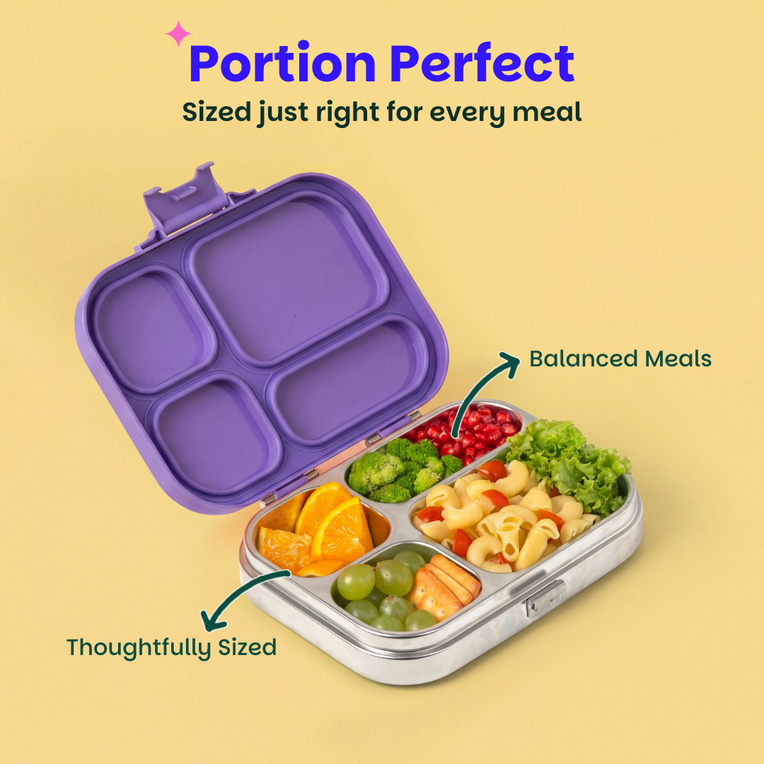 4 Compartment Stainless steel Lunchbox with Plastic lid - Purple Pop