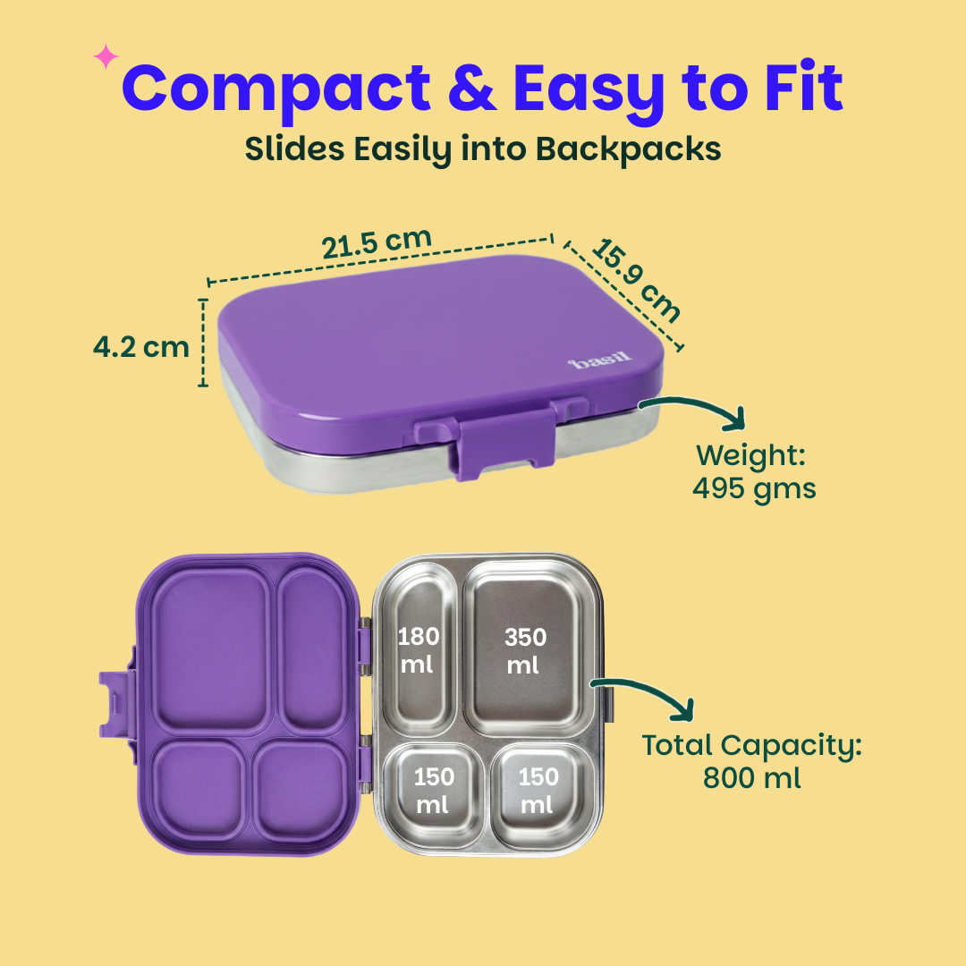 4 Compartment Stainless steel Lunchbox with Plastic lid - Purple Pop