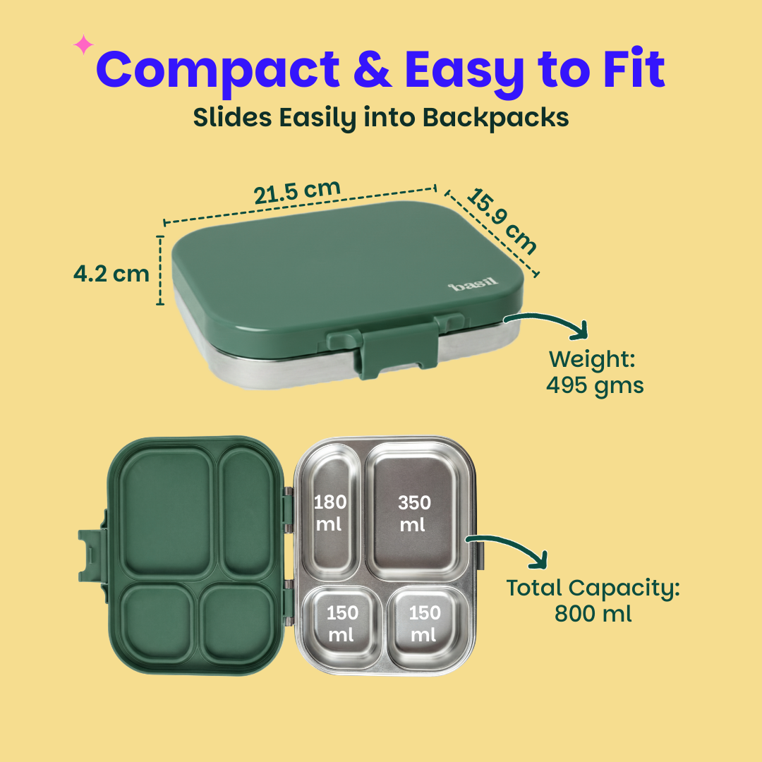 4 Compartment Stainless steel Lunchbox with Plastic lid - Wild Wood