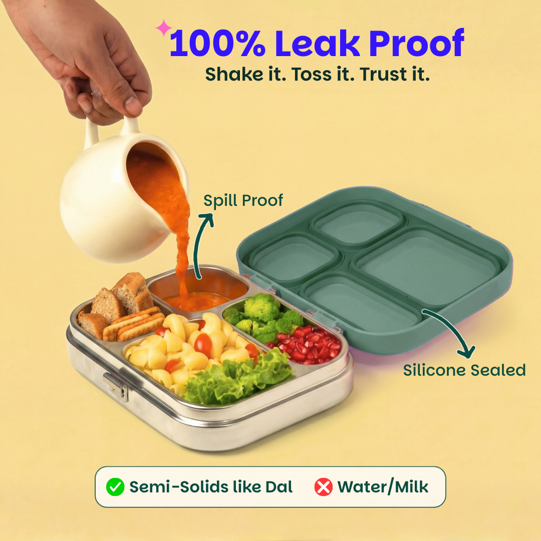 4 Compartment Stainless steel Lunchbox with Plastic lid - Emerald Moss