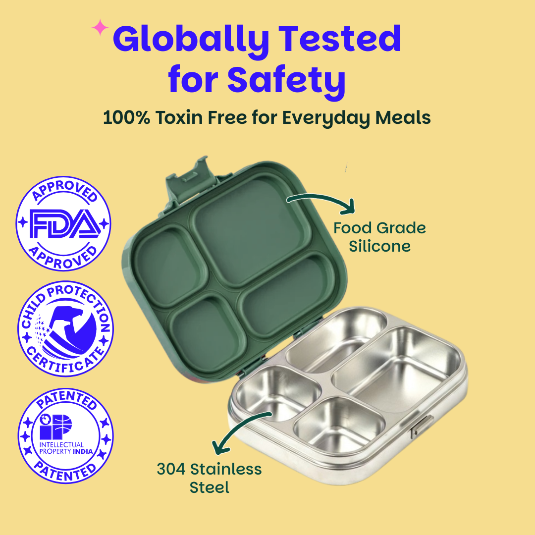 4 Compartment Stainless steel Lunchbox with Plastic lid - Wild Wood