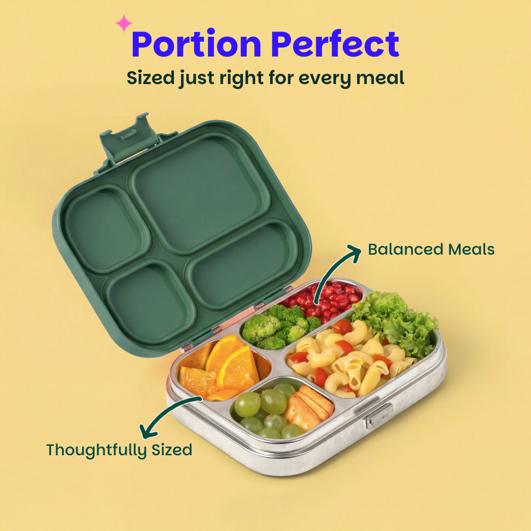 4 Compartment Stainless steel Lunchbox with Plastic lid - Emerald Moss