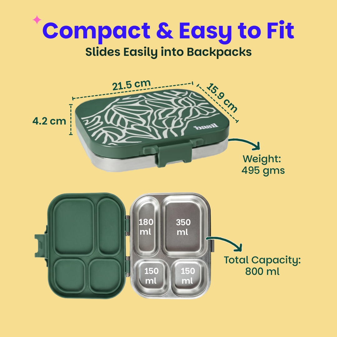 4 Compartment Stainless steel Lunchbox with Plastic lid - Emerald Moss