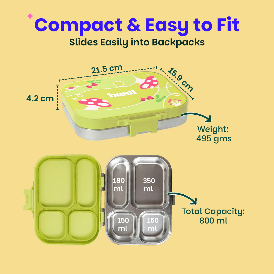 4 Compartment Stainless steel Lunchbox with Plastic lid - Mushroom Trail