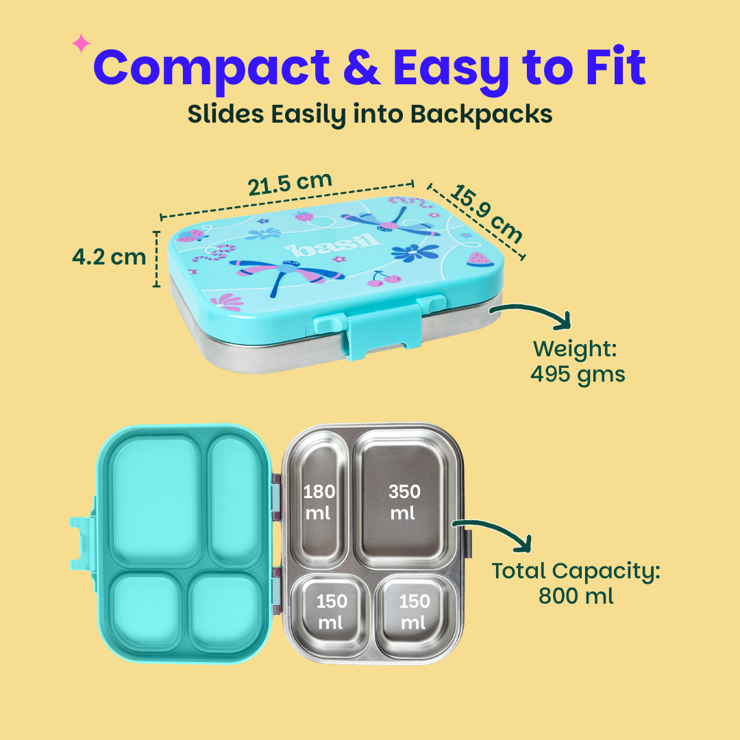 4 Compartment Stainless steel Lunchbox with Plastic lid - Teal Garden
