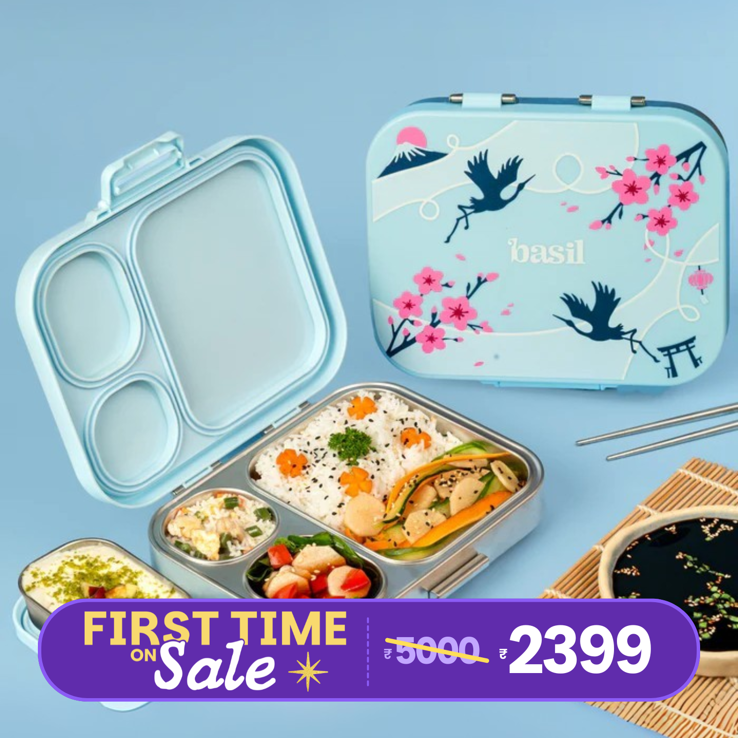 4 Compartment Stainless steel Bento with Mini Box - Sakura Bloom