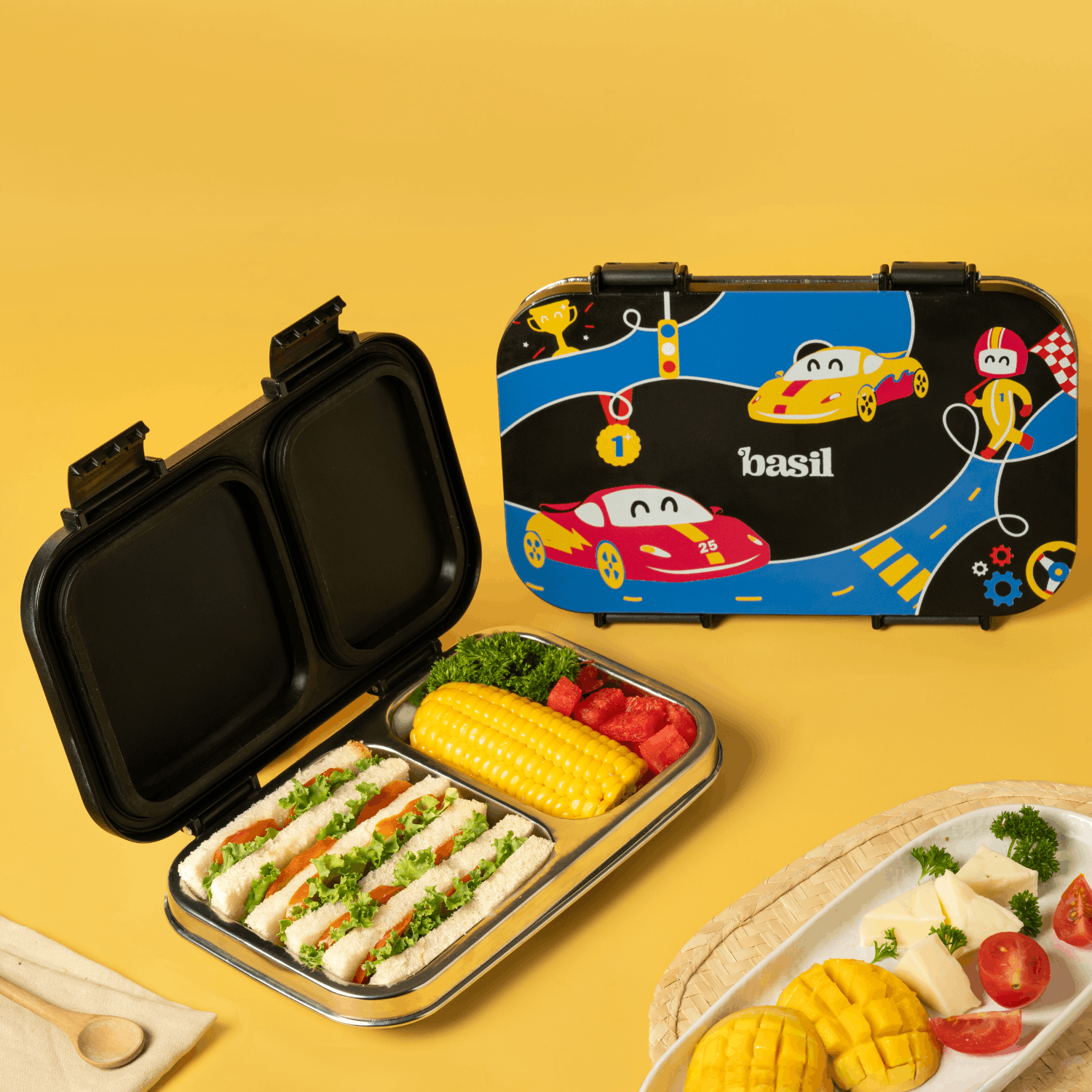 2 Compartment Stainless steel Lunchbox with Plastic Lid - Rally Wally