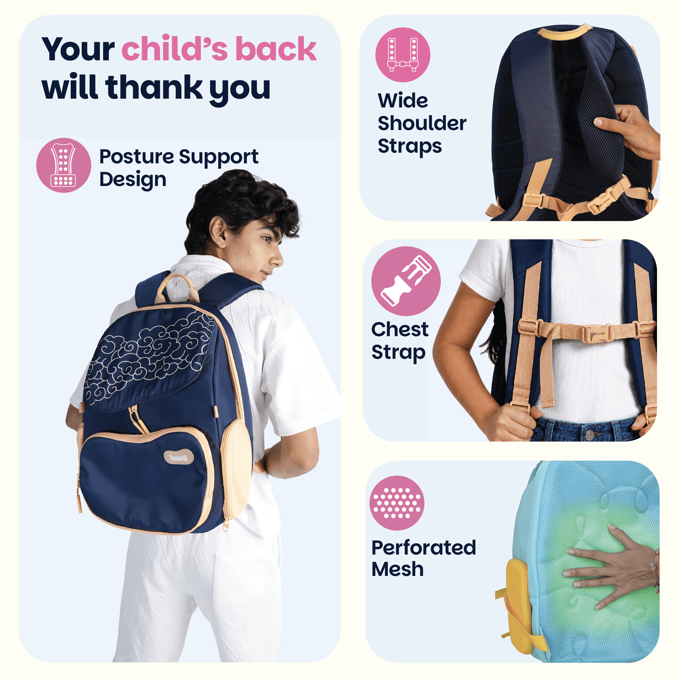 School backpack for Grades 1 to 5 with 4 spacious compartments - Midnight Sora