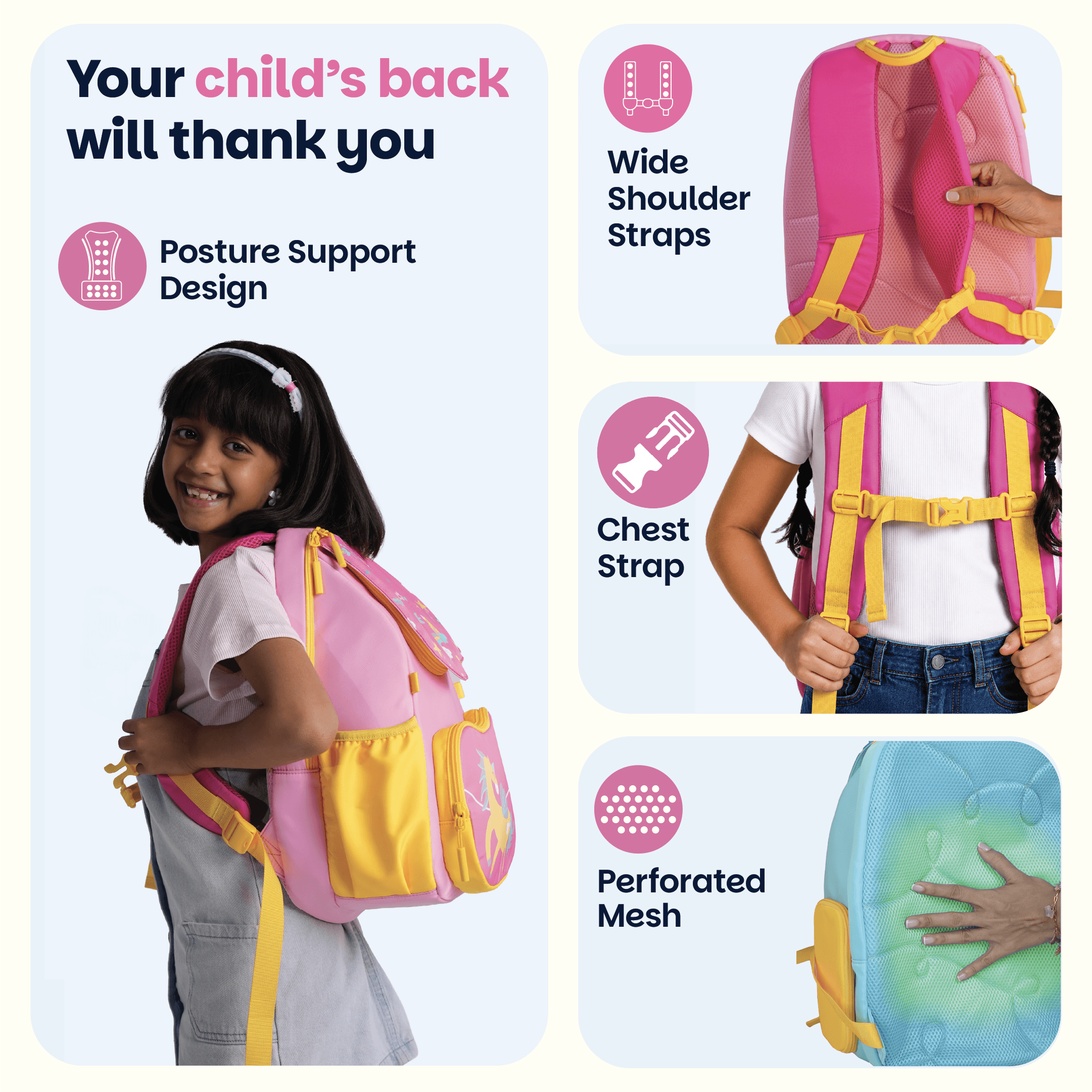 School backpack for Grades 1 to 5 with 4 spacious compartments - Pixie Dash