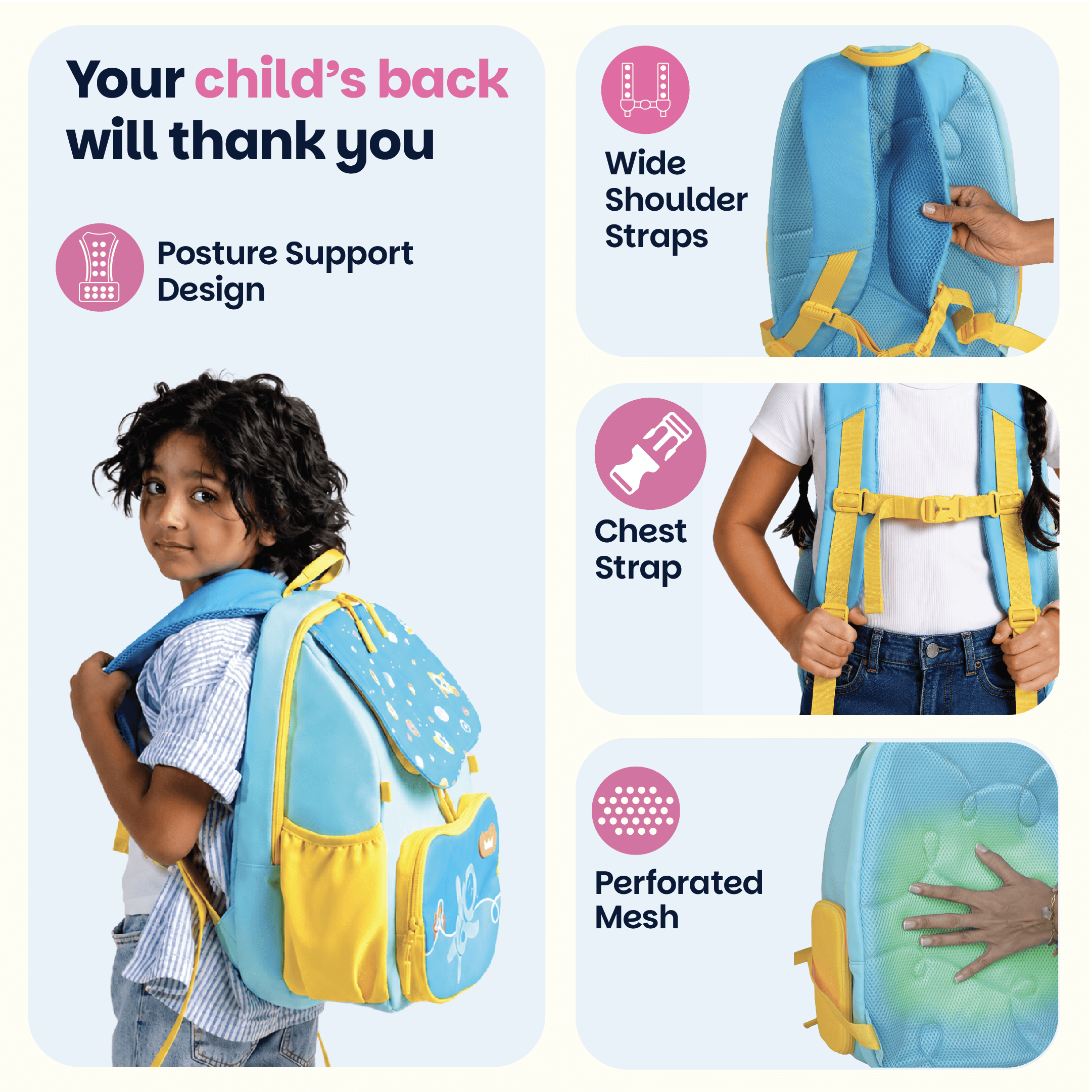 School backpack for Grades 1 to 5 with 4 spacious compartments - Super Swoosh