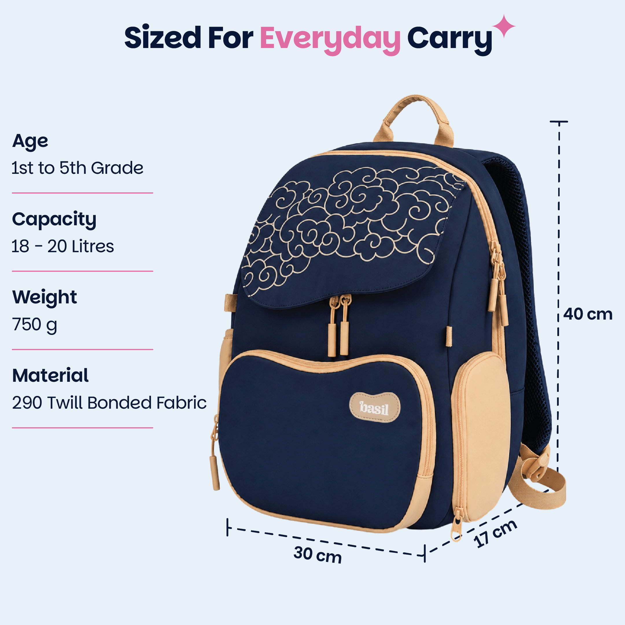 School backpack for Grades 1 to 5 with 4 spacious compartments - Midnight Sora