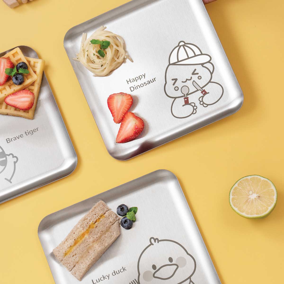 Set of 2 Stainless steel Snack plates - Dino